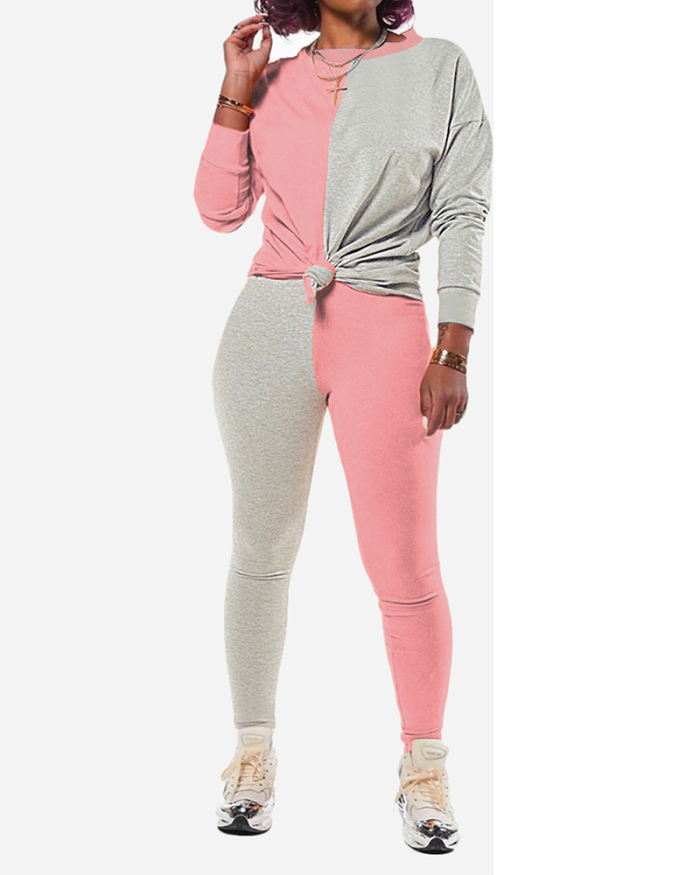Fashion Colorblock Long Sleeve Sports Wear Women Two Pieces Outfit Pants Sets S-3XL
