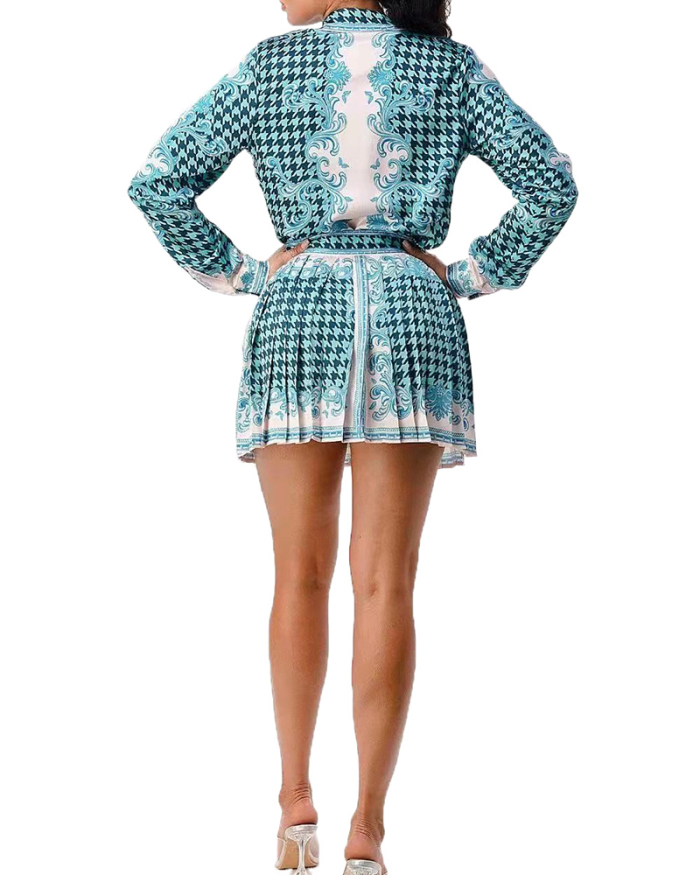 Ladies Fashion New Cardigan Tie-Dye Gradient Printed Pleated Skirt Two-Piece Set S-XXL