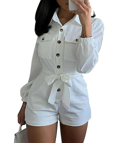 Solid White Woven Turn-down Collar Button Knotted Belt Casual Rompers S-2XL