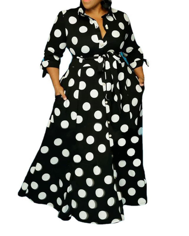 Woman Fashion Shirt Long Sleeve Polka Dot Print Dress XL-5XL