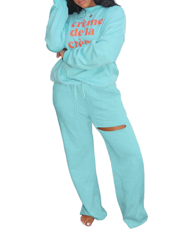 Women Casual Letter Printing Street Style Two Piece Set Blue S-2XL 