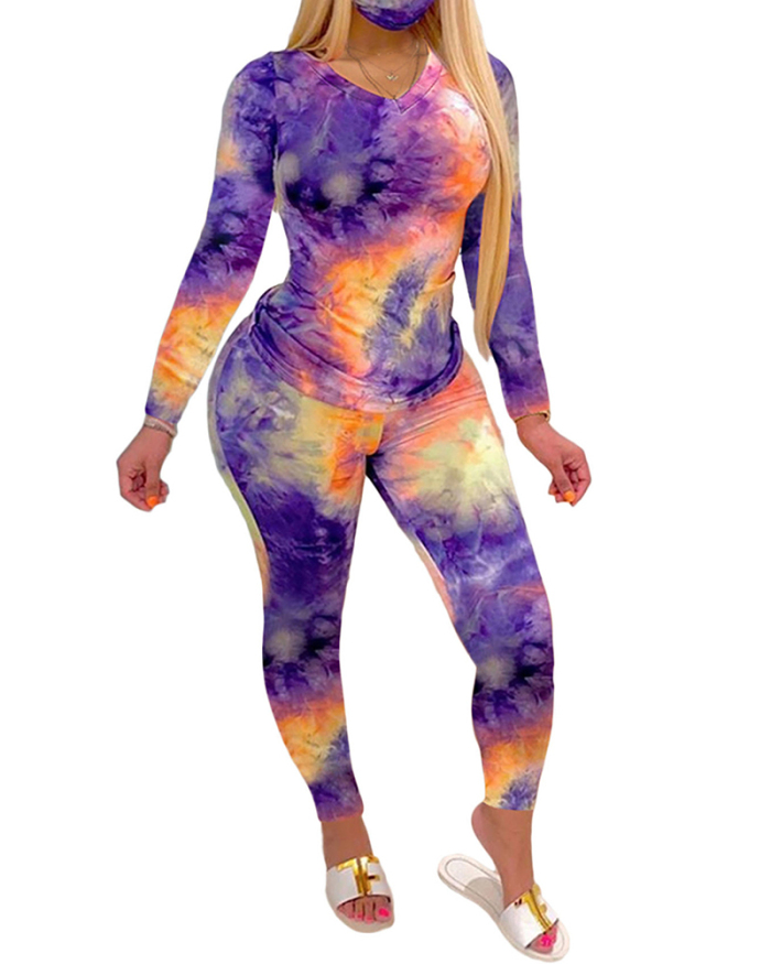 Women V-neck Long Sleeve Tie Dye Pants Sets Two Pieces Outfit S-3XL