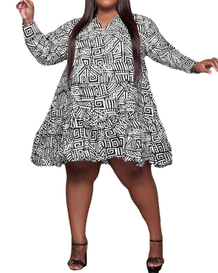 Woman Loose Printed V-Neck Long-Sleeved Plus Size Dress XL-5XL