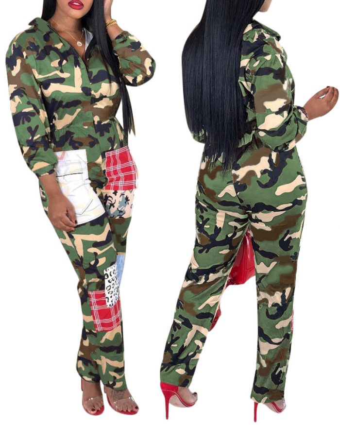 Ladies Fashion Camouflage Print Sexy Casual Sports Long-Sleeved Jumpsuit S-XXL