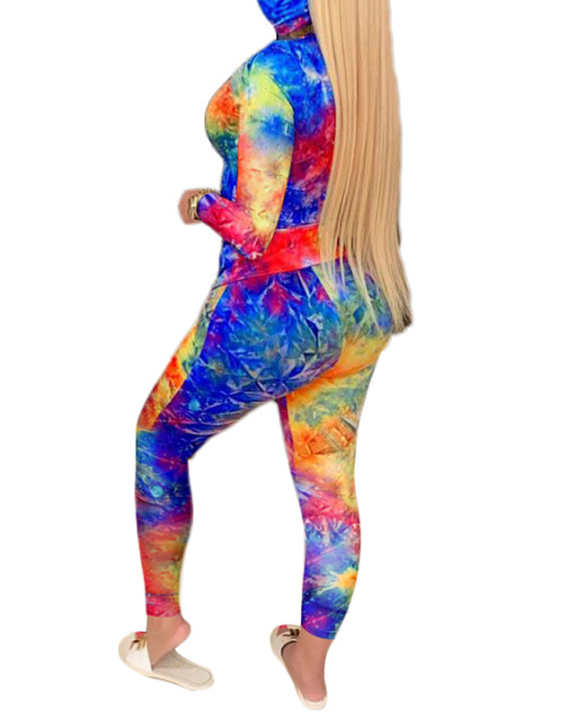 Women V-neck Long Sleeve Tie Dye Pants Sets Two Pieces Outfit S-3XL