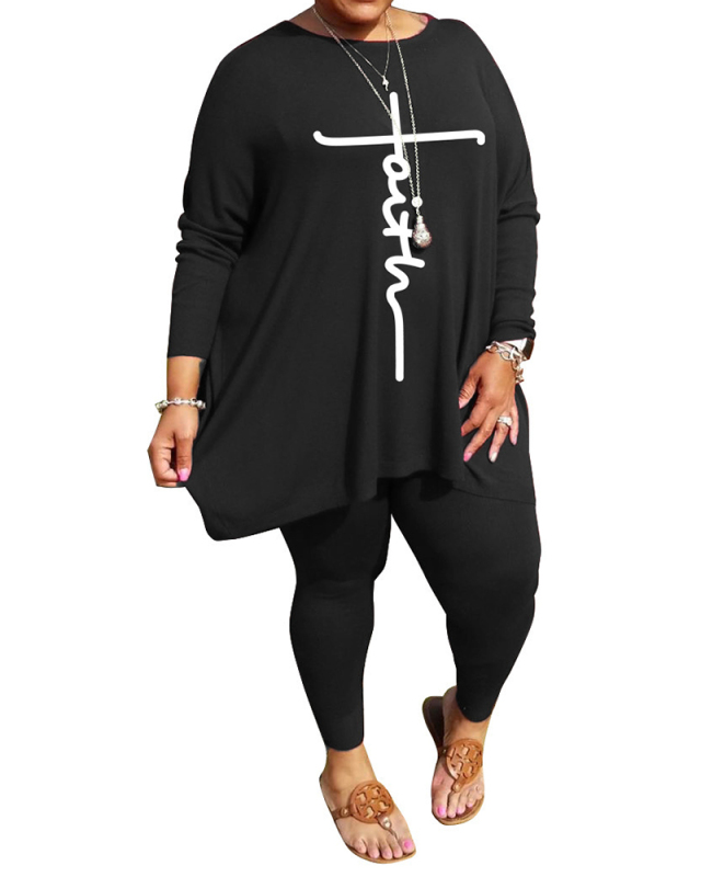 Women's Plus Size Round Neck Loose Long Sleeve Printed Two-Piece Set L-5XL