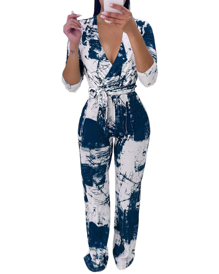 Deep V Tie-up Printed Casual Jumpsuit with Belt S-2XL