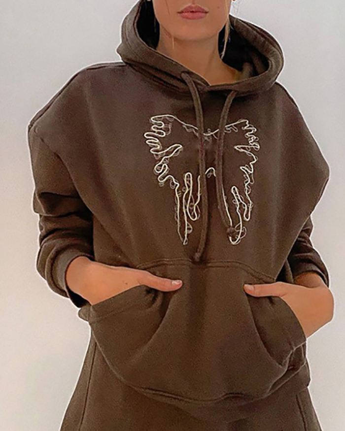 Hooded Loose Pullover Casual Sports Butterfly Embroidered Top Brown S-L