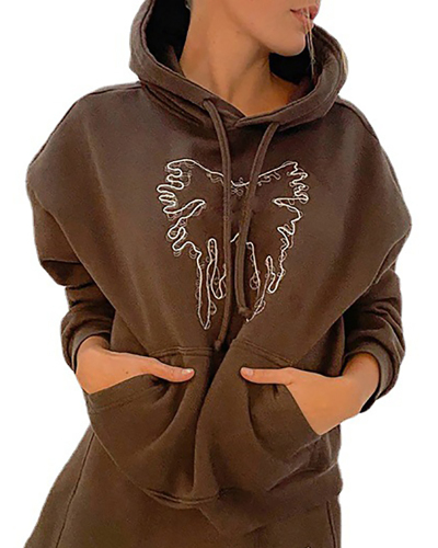 Hooded Loose Pullover Casual Sports Butterfly Embroidered Top Brown S-L