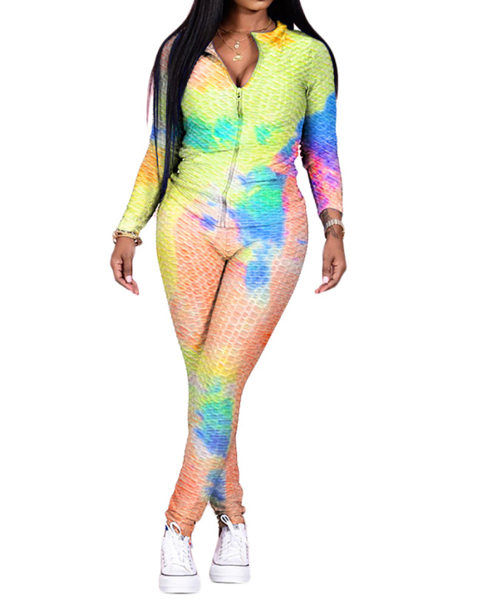 Fashion Tie-dye Colorblock Women Long Sleeve Two Pieces Outfit Pants Sets S-2XL