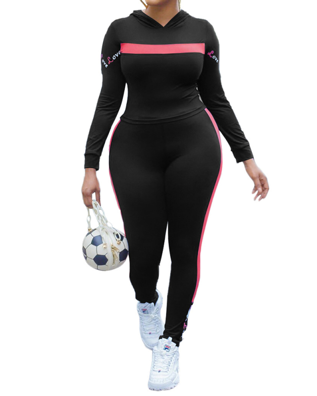 Women Colorblock Casual Street Style Hoodies Two Piece Set Black Blue S-2XL 