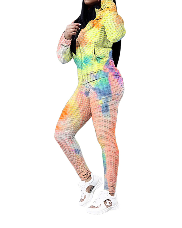 Fashion Tie-dye Colorblock Women Long Sleeve Two Pieces Outfit Pants Sets S-2XL