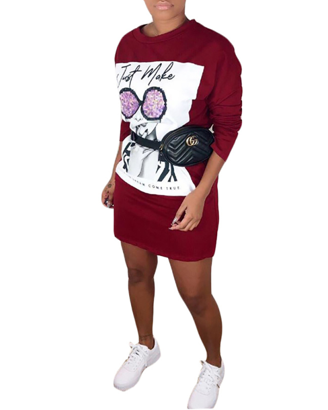 Women Printing Casual One Piece Dress White Black Red Gray Yellow Khaki S-2XL 