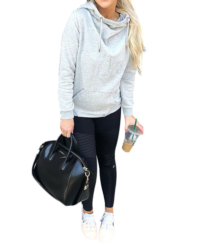 Lady Solid Color Hoodies High Neck Tops Gray S-XL 