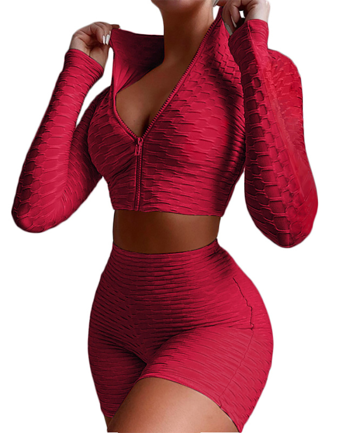 Ladies Fashion Tight-Fitting Zipper Long-Sleeved Leisure Yoga Sports Two-Piece Suit Solid Color S-XXL