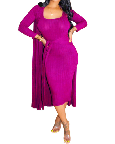 New Autumn Women Solid Color Long Sleeve Coat Sleeveless Midi Dress Two Pieces Outfit Gray Purple Pink S-XL