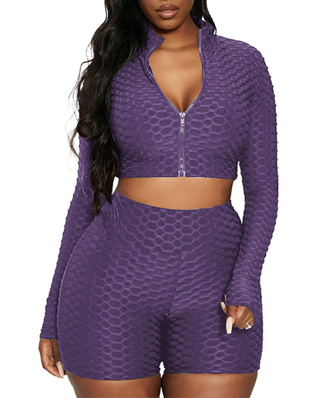 Ladies Fashion Tight-Fitting Zipper Long-Sleeved Leisure Yoga Sports Two-Piece Suit Solid Color S-XXL
