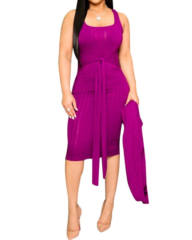 New Autumn Women Solid Color Long Sleeve Coat Sleeveless Midi Dress Two Pieces Outfit Gray Purple Pink S-XL