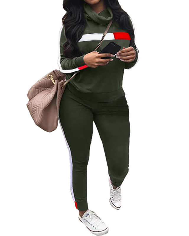 Women Long Sleeve High Neck Striped Patchwork Casual Pants Sets Two Pieces Outfit Black Blue Green Red White S-2XL