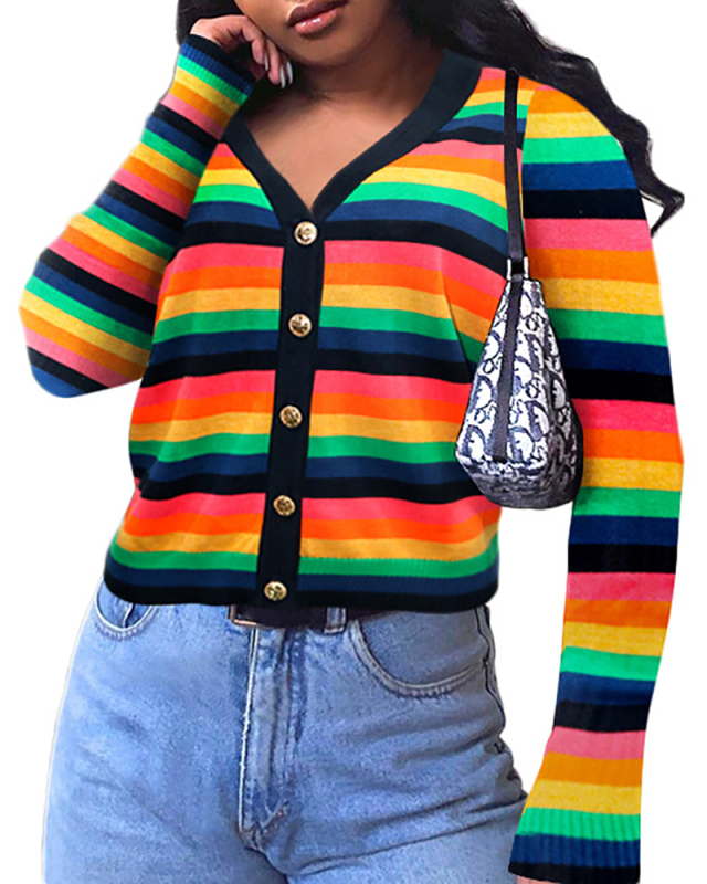 Women Stripe Colorblock Long Sleeve Tops S-2XL 