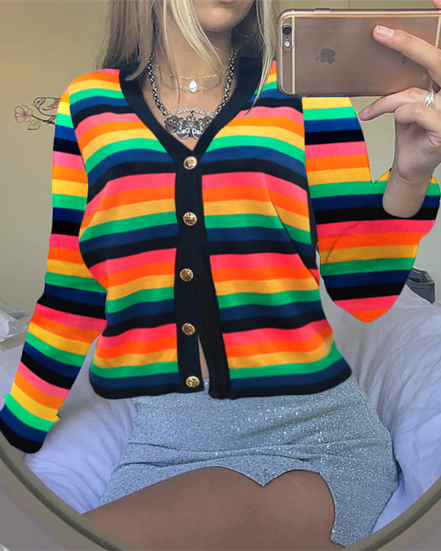 Women Stripe Colorblock Long Sleeve Tops S-2XL 