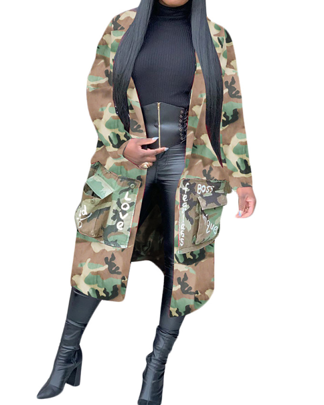 Ladies Fashion Long Casual Camouflage Print Patch Jacket S-XXXL