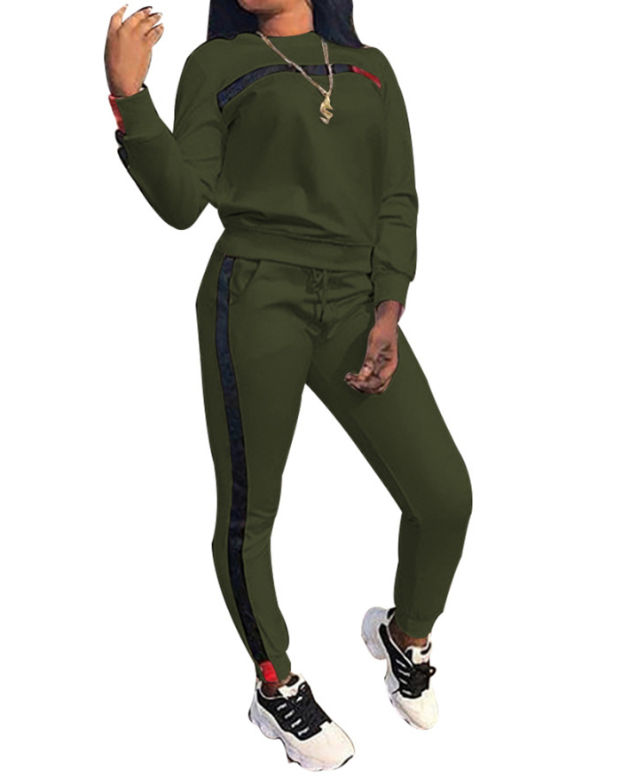 Women Long Sleeve O-neck Colorblock Sports Suit Pants Sets Two Pieces Outfit White Army Green Blue Black Wine Red S-3XL