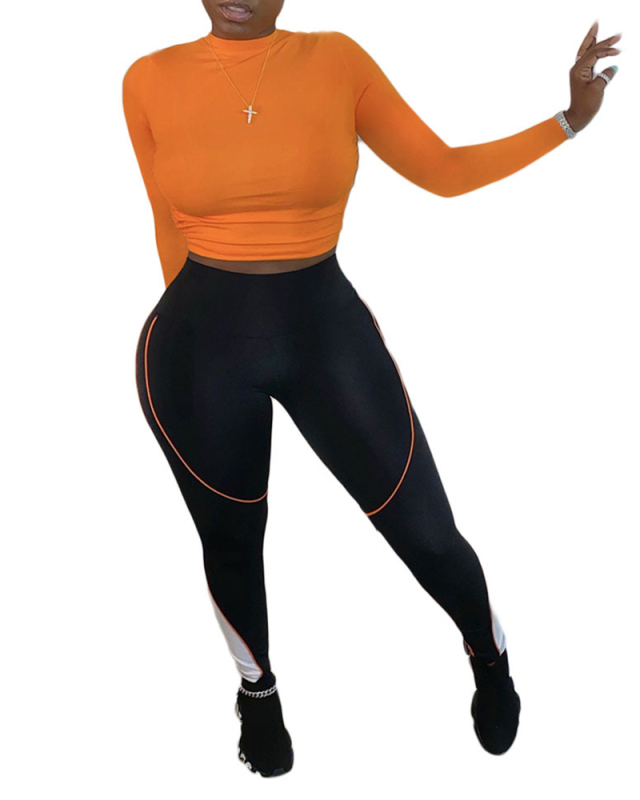 Fashion Women O-Neck Long Sleeve Backless Colorblock Pants Sets Two Pieces Outfit Orange S-2XL