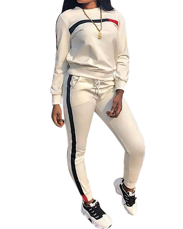 Women Long Sleeve O-neck Colorblock Sports Suit Pants Sets Two Pieces Outfit White Army Green Blue Black Wine Red S-3XL