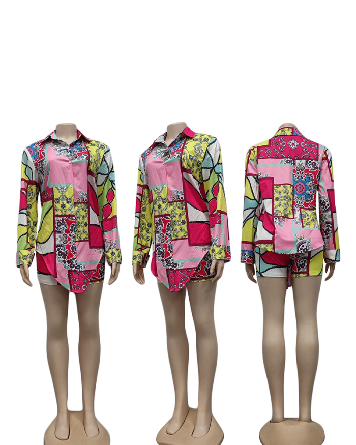 Women's Casual Digital Printed Shirt and Shorts Two-Piece Set S-2XL