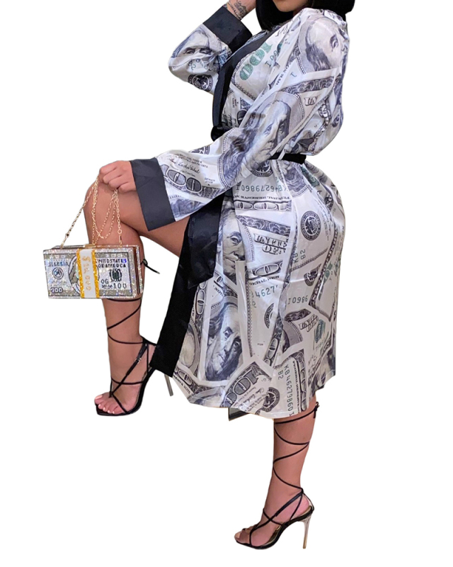 Women Dollar Printed Long Sleeve Casual V-neck Women Coats Tracksuit Yellow Black Red Purple S-2XL