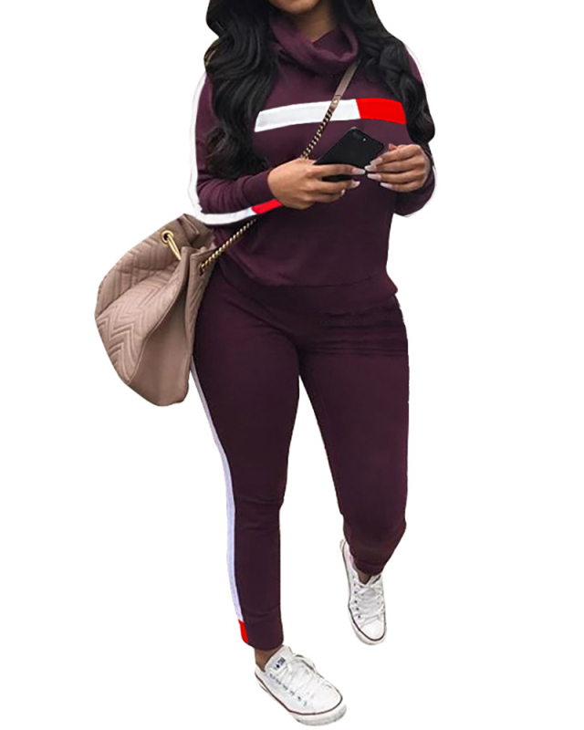 Women Long Sleeve High Neck Striped Patchwork Casual Pants Sets Two Pieces Outfit Black Blue Green Red White S-2XL