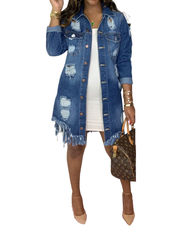 Women Fashion Long Sleeve Button Hollow Out Jean Coats S-2XL