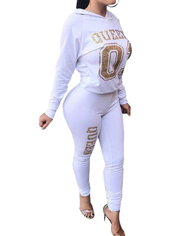 Ladies Fashion New Hot Stamping Queen Long Sleeve Hooded Two-Piece Set S-XL