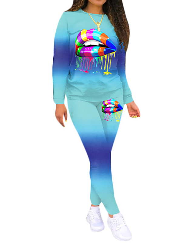 Ladies Fashion Gradient Lip Print Round Neck Long-Sleeved Trousers Two-Piece Suit S-XXL