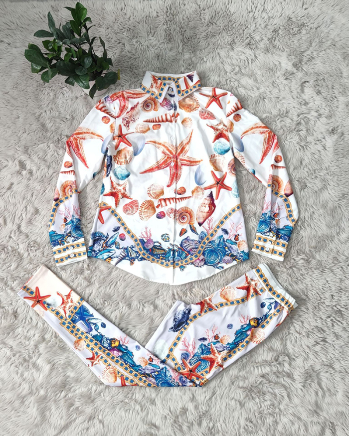 Ladies Starfish Casual Digital Printed Shirt and Pants Two-Piece Set S-2XL