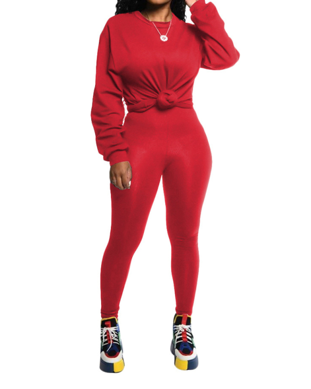 Women Solid Color O-neck Long Sleeve Autumn Two Pieces Outfit Pants Sets Black Yellow Red Blue S-XL