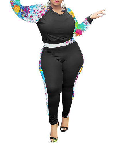 Women Long Sleeve Colorblock Graffiti Printed Pants Sets Two Pieces Outfit L-4XL