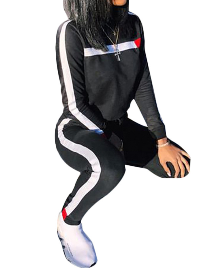 Women Long Sleeve O-neck Colorblock Sports Suit Pants Sets Two Pieces Outfit White Army Green Blue Black Wine Red S-3XL