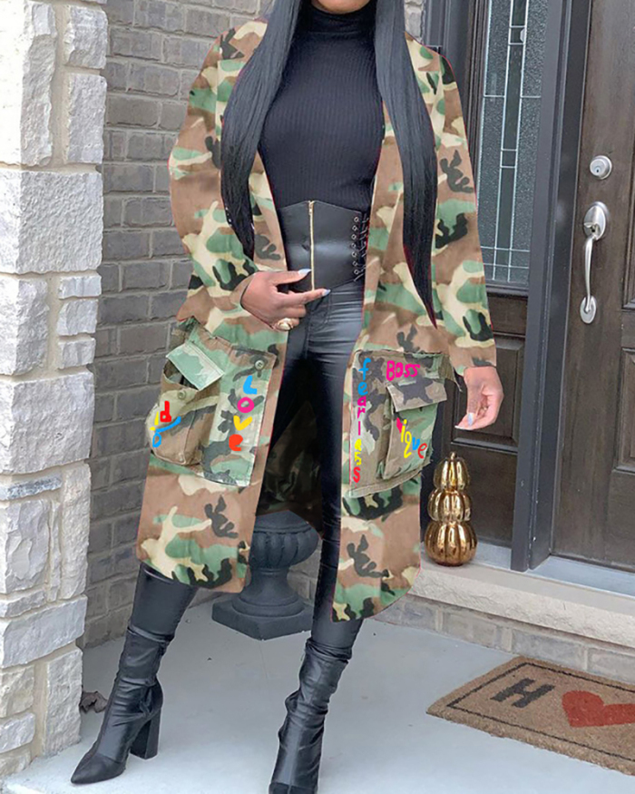 Ladies Fashion Long Casual Camouflage Print Patch Jacket S-XXXL