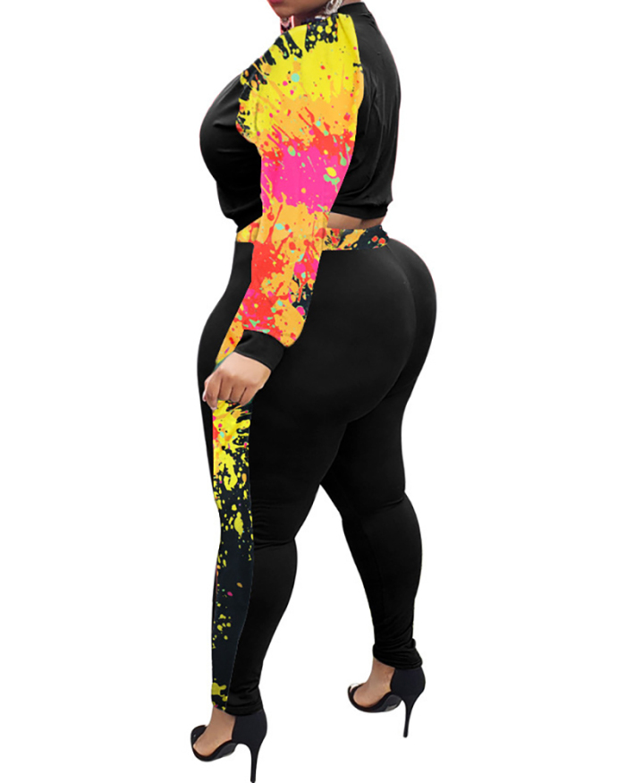 Women Long Sleeve Colorblock Graffiti Printed Pants Sets Two Pieces Outfit L-4XL