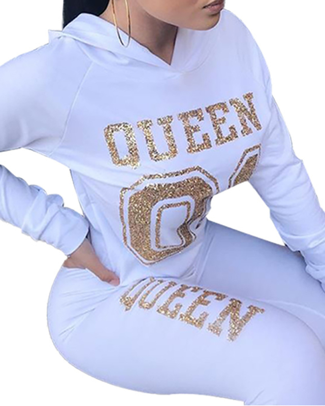Ladies Fashion New Hot Stamping Queen Long Sleeve Hooded Two-Piece Set S-XL
