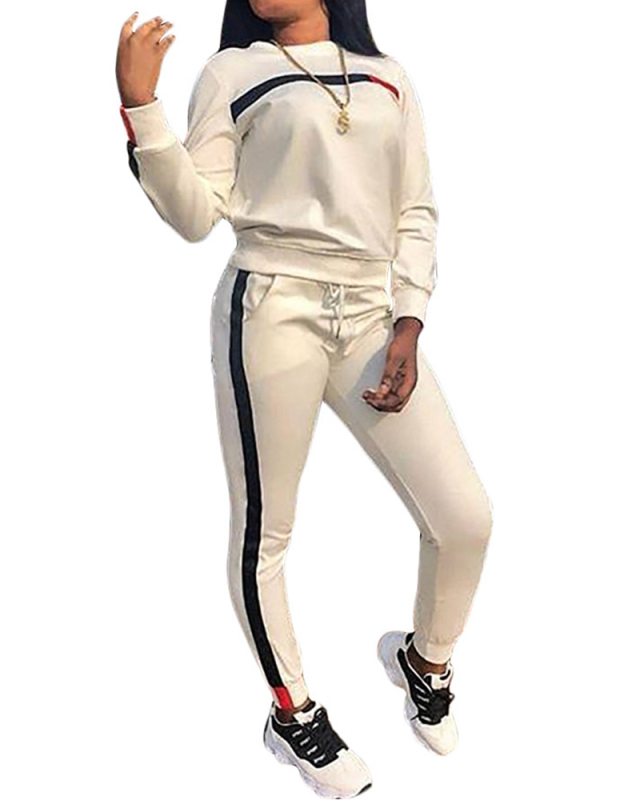 Women Long Sleeve O-neck Colorblock Sports Suit Pants Sets Two Pieces Outfit White Army Green Blue Black Wine Red S-3XL