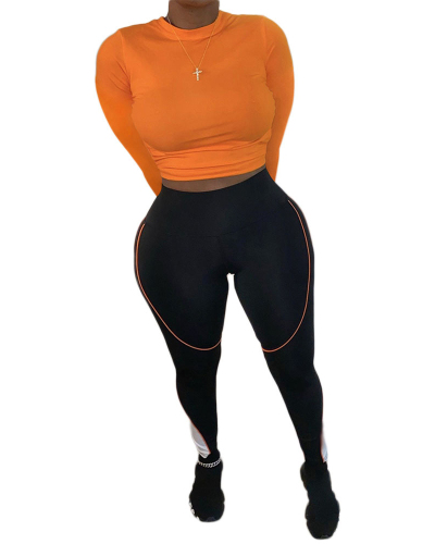 Fashion Women O-Neck Long Sleeve Backless Colorblock Pants Sets Two Pieces Outfit Orange S-2XL