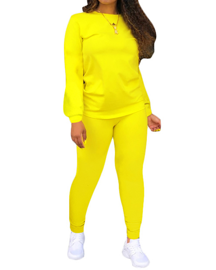 Women Solid Color O-neck Long Sleeve Autumn Two Pieces Outfit Pants Sets Black Yellow Red Blue S-XL