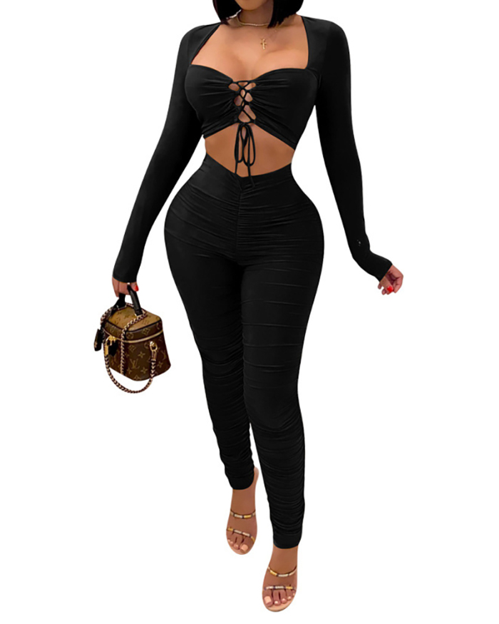 Women Solid Color Cross Strappy Hollow Out Two Piece Set Black Wine Red Brown S-2XL 