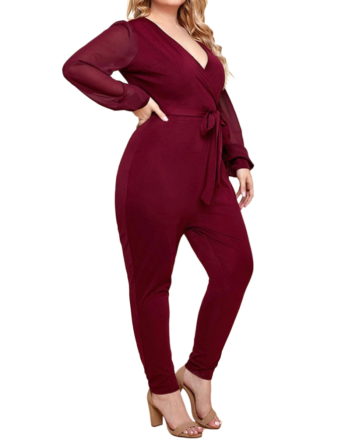 Hot Sale Women Plus Size Solid Color V-Neck Long Sleeve Jumpsuit Wine Red L-4XL