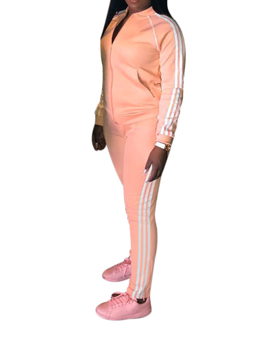 Women Solid Color Light Orange Long Sleeve Pants Sets Two Pieces Outfit S-2XL