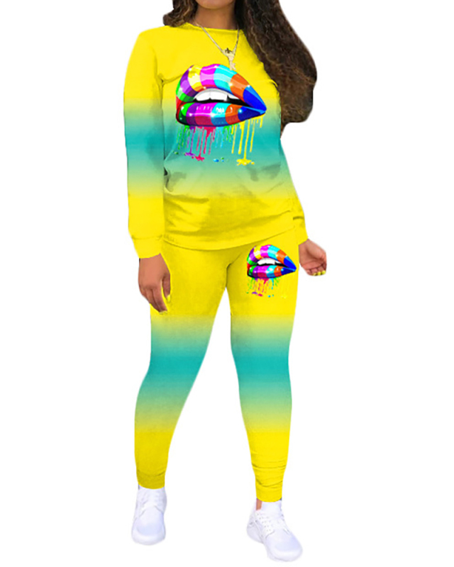 Ladies Fashion Gradient Lip Print Round Neck Long-Sleeved Trousers Two-Piece Suit S-XXL