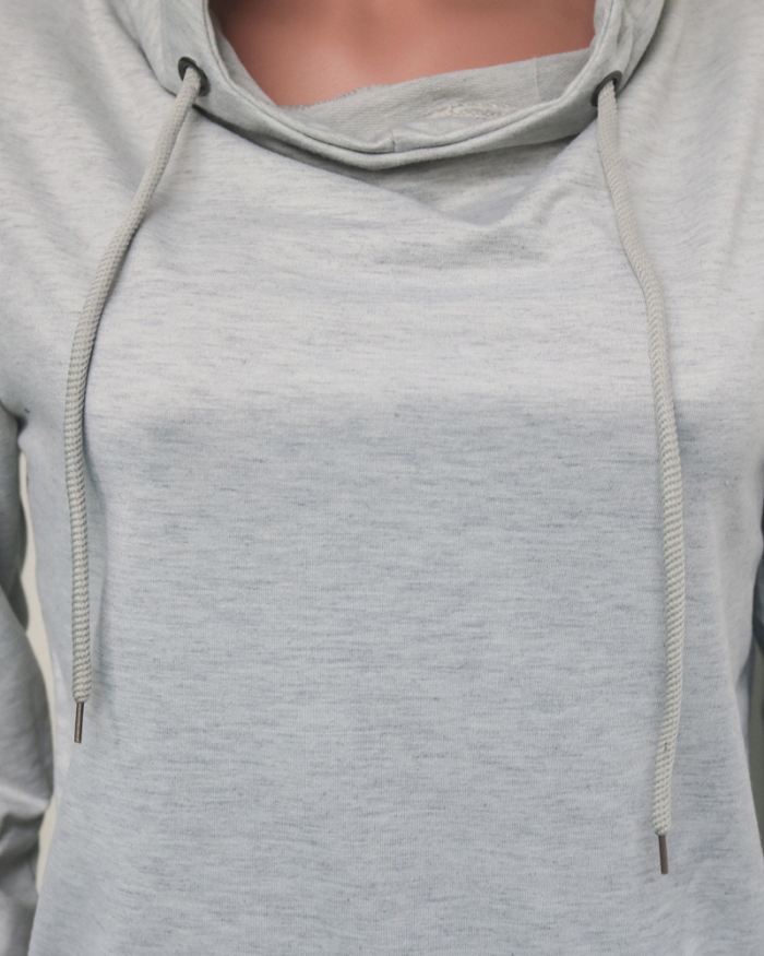 Lady Solid Color Hoodies High Neck Tops Gray S-XL 